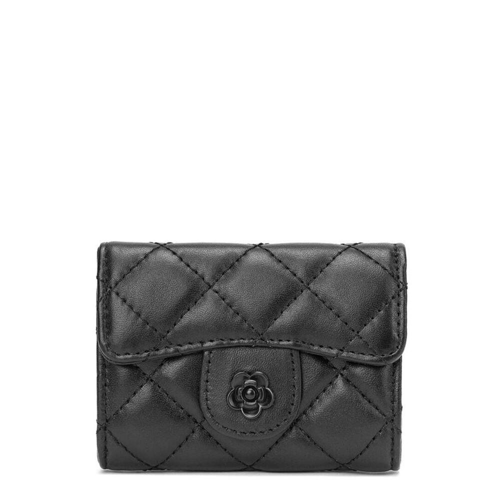 Quilted Black Leather Compact Wallet with Floral Snap